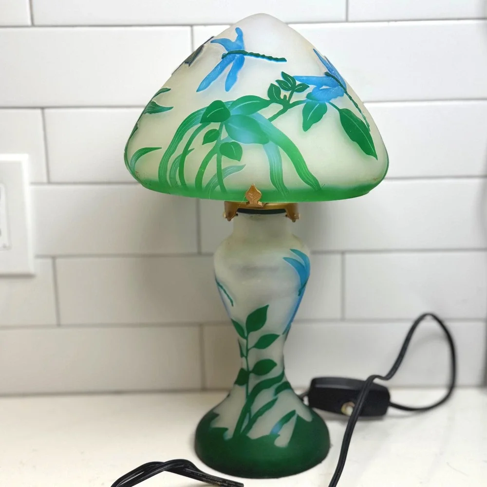 Table Lamp Mushroom Frosted Glass Dragonfly Floral Art Deco VTG‎ Galle Style 16